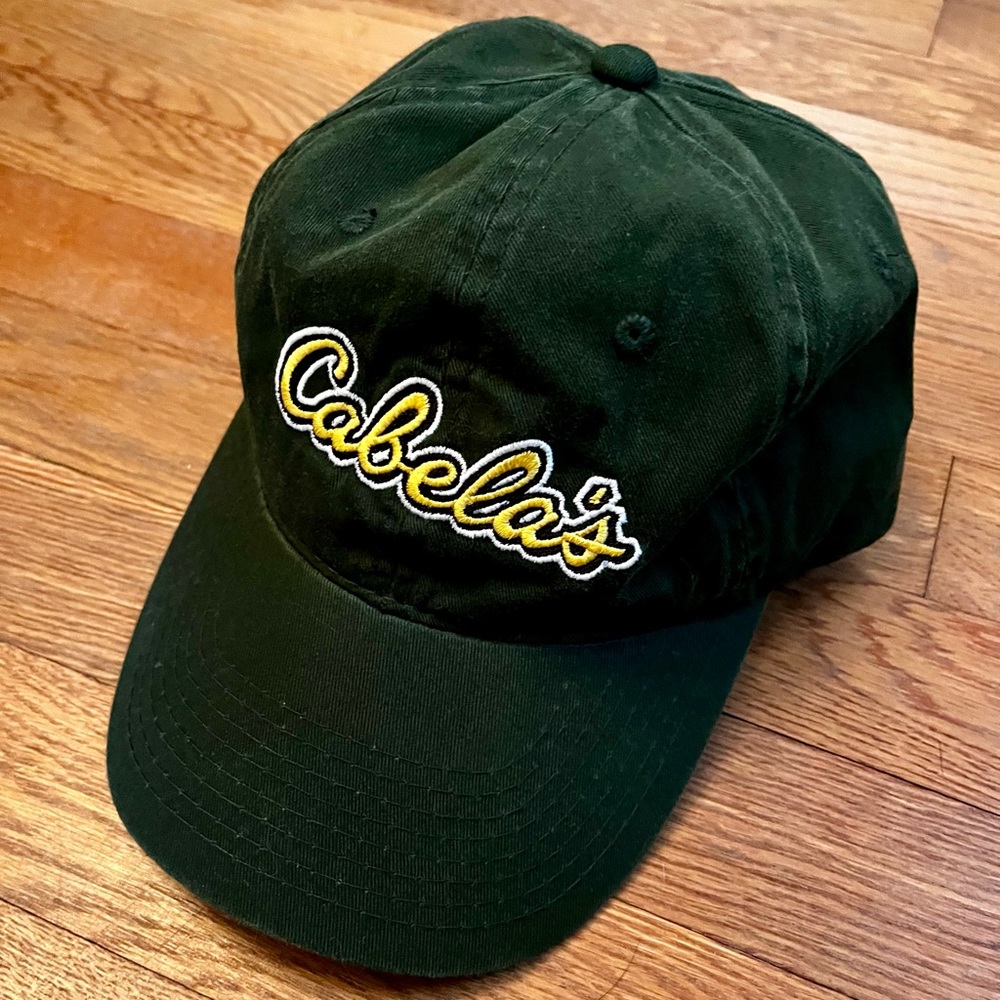 Cabela’s Green Gold Baseball Cap Dad Hat‎ Embroidered Script Logo Hunting OSFM